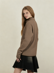 Waffle-knit half-front stand-up collar sweatshirt