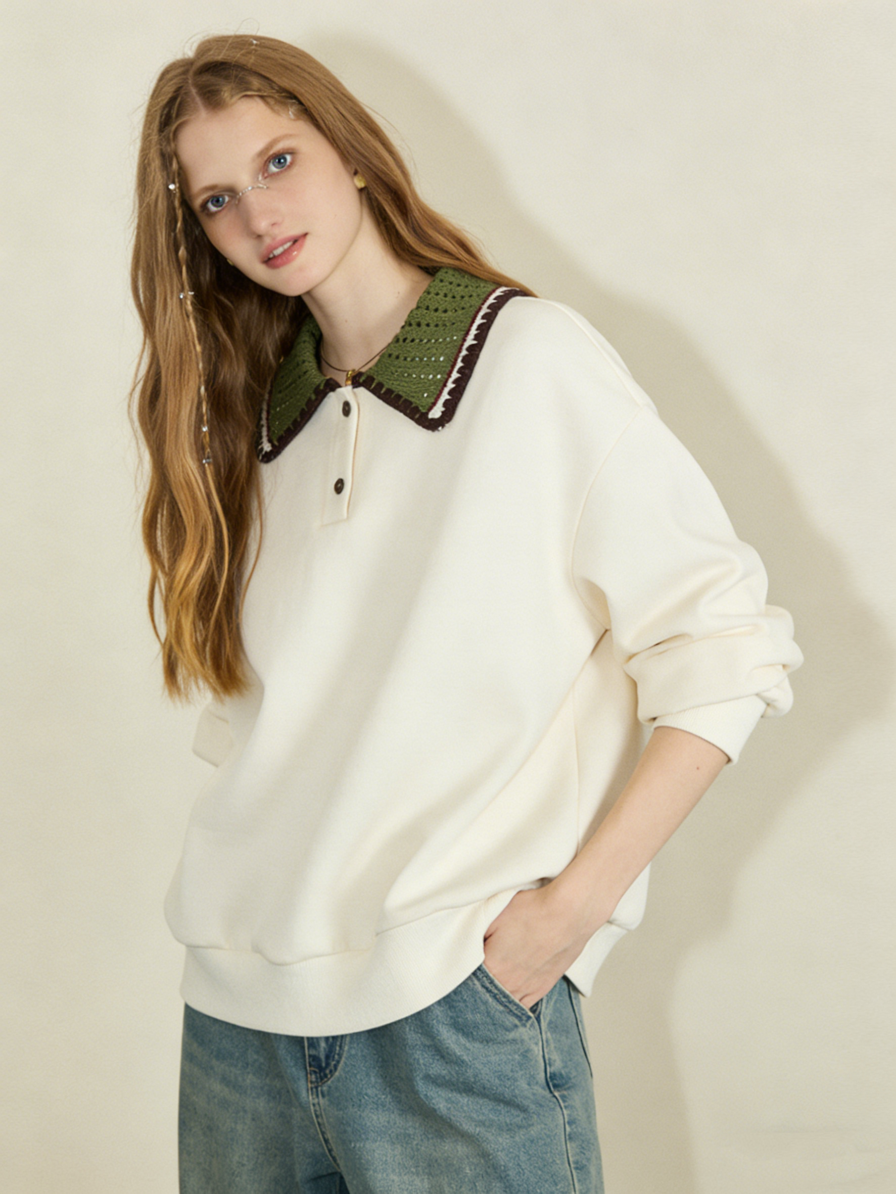 Color-blocked collared casual sweatshirt