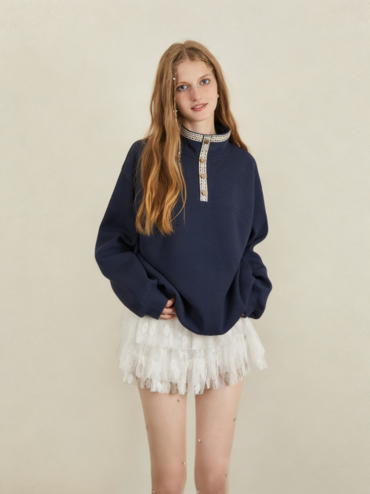 Color-blocked plaid stand-up collar half-open sweatshirt