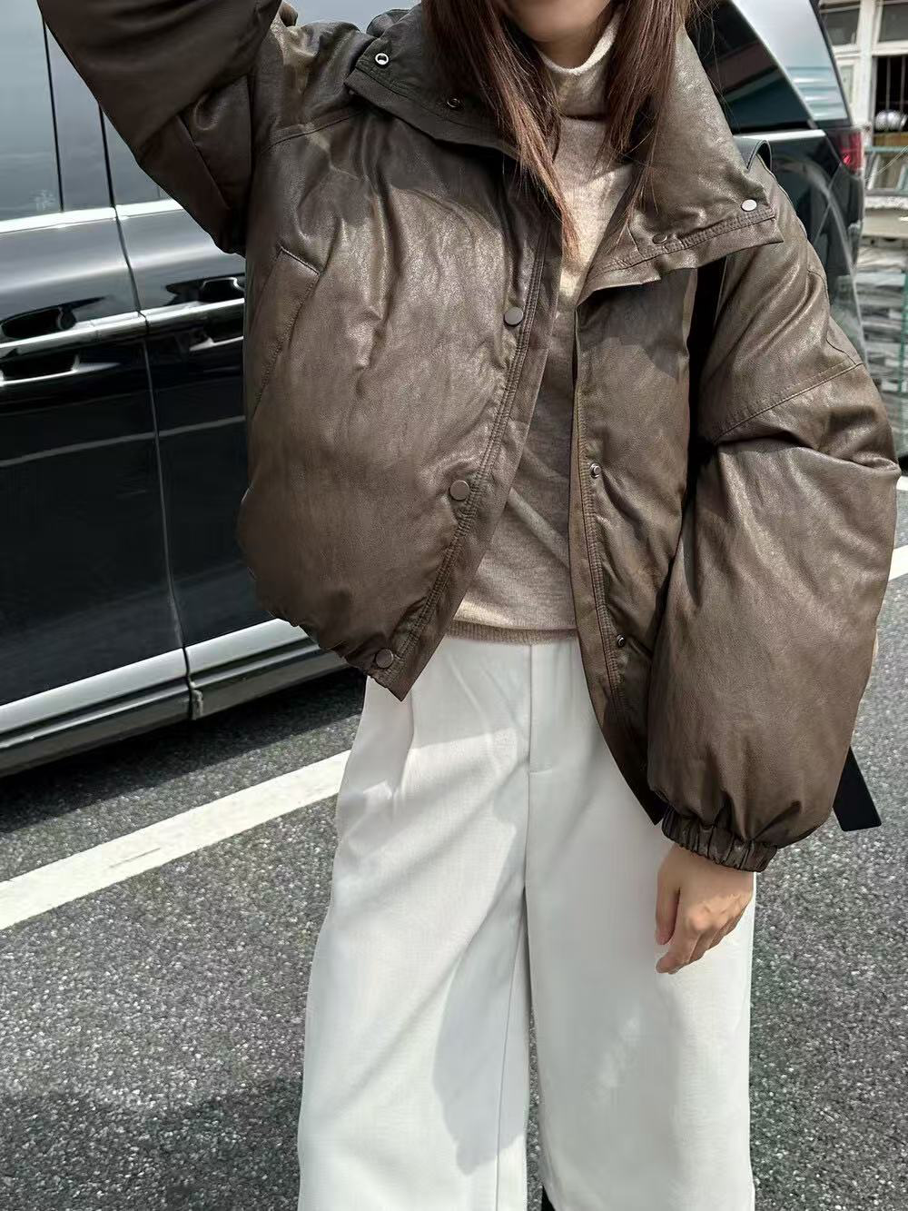 Women's leather casual down jacket