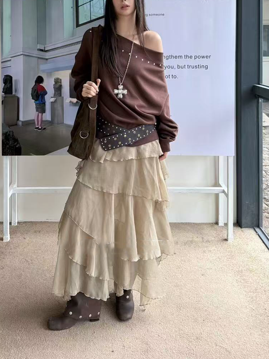 Ladies' long-sleeved top with willow studs, one-shoulder(Including the belt）