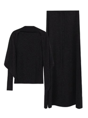 A three-piece set of knitted top, skirt and shawl