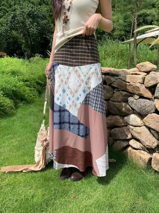 Bohemian-style printed patchwork skirt