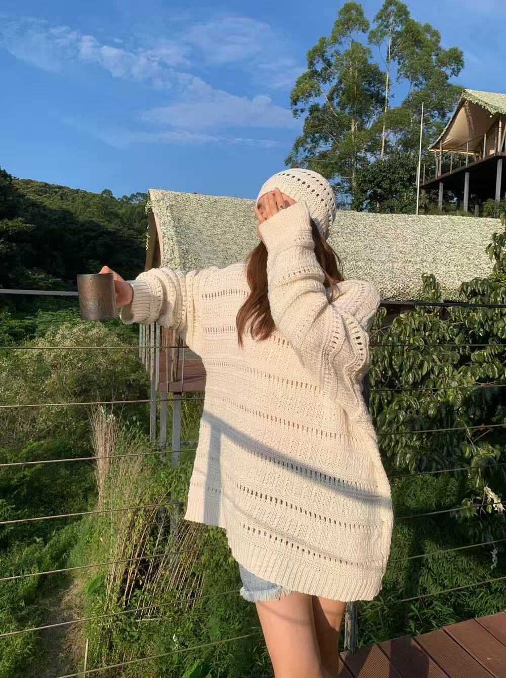 Loose knitted casual top for women (including hat)