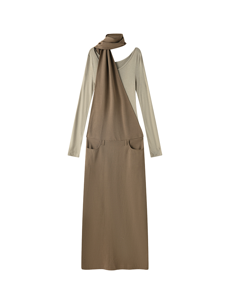 Ladies' casual long-sleeved neck-hanging pocket imitation two dresses