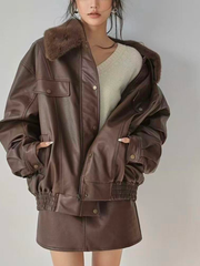 A detachable fashionable leather coat with a fur collar for women