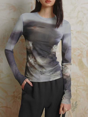 Long-sleeved top with gauze print for women
