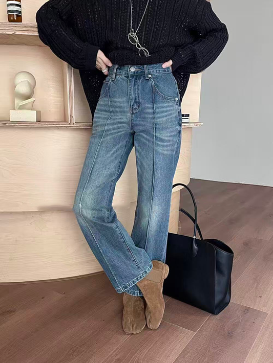 Ladies' split straight-leg denim casual pants