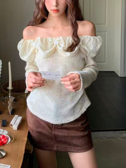 Sexy lace one-shoulder knitted long-sleeved top