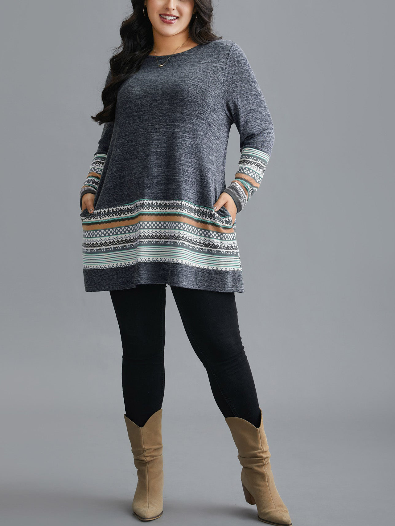 A long-sleeved knitted Bohemian patchwork top for women