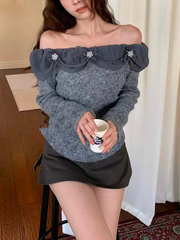 Sexy lace one-shoulder knitted long-sleeved top