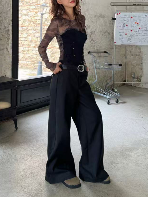 A long-sleeved top made of camouflage mesh fabric for women