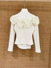 Sexy lace one-shoulder knitted long-sleeved top