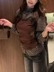 A long-sleeved top with checkered and color-blocking patterns for women