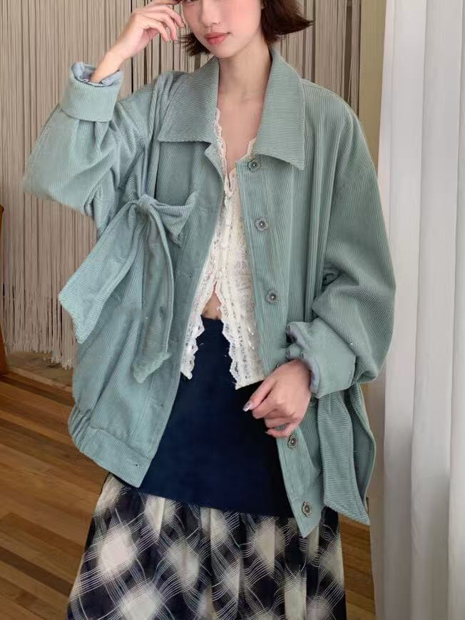 Corduroy bow lapel coat
