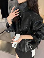 Ladies' pocket lapel leather coat