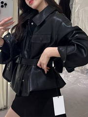 Ladies' pocket lapel leather coat