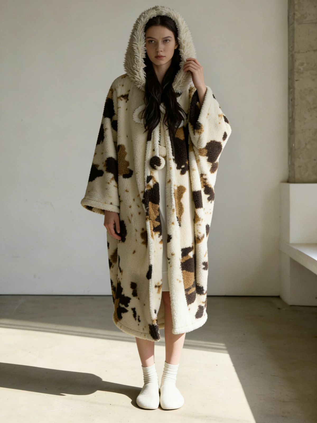 Coral fleece leopard print hooded nightgown