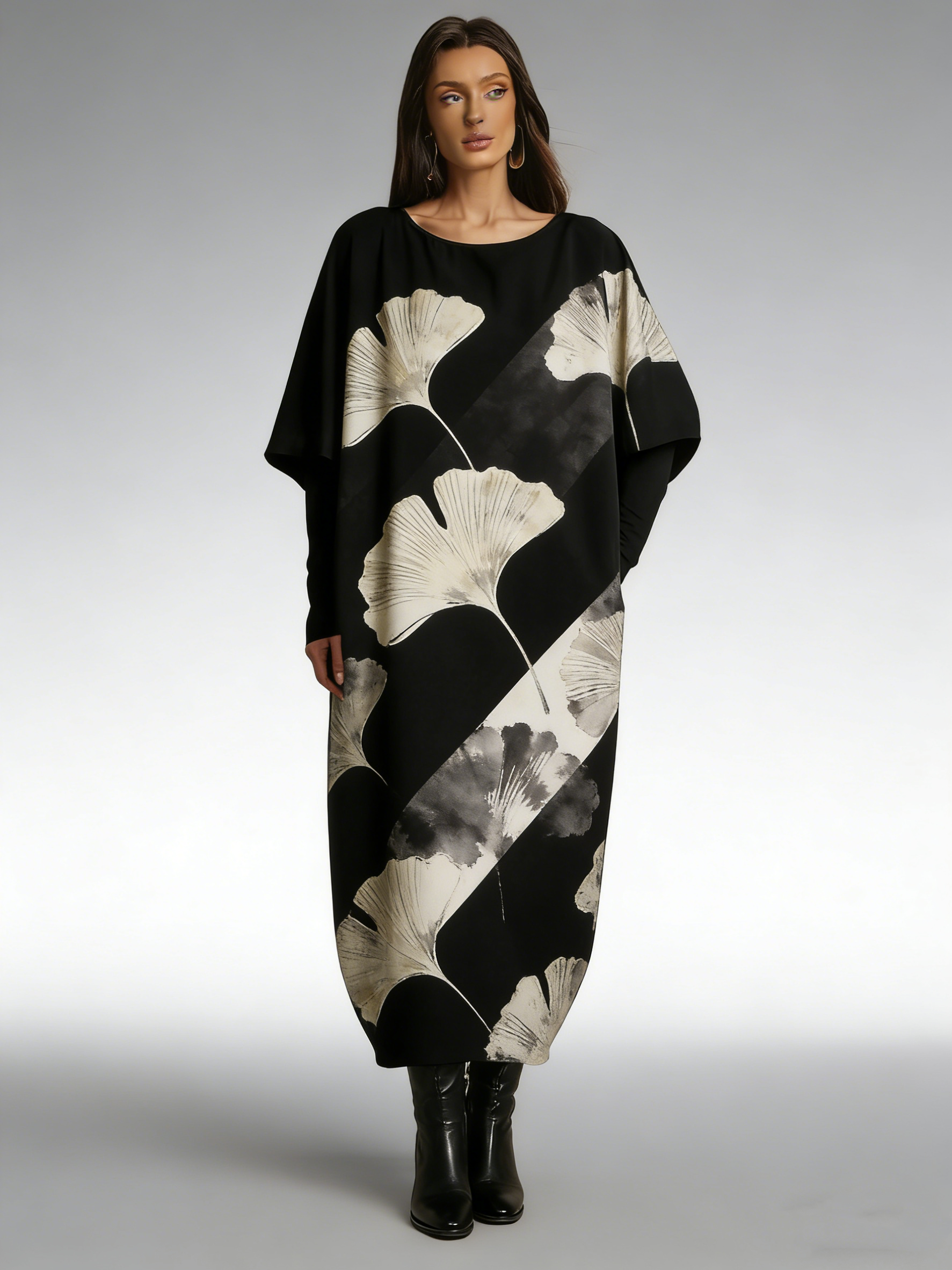 Loose ginkgo leaf printed dress (half sleeve)