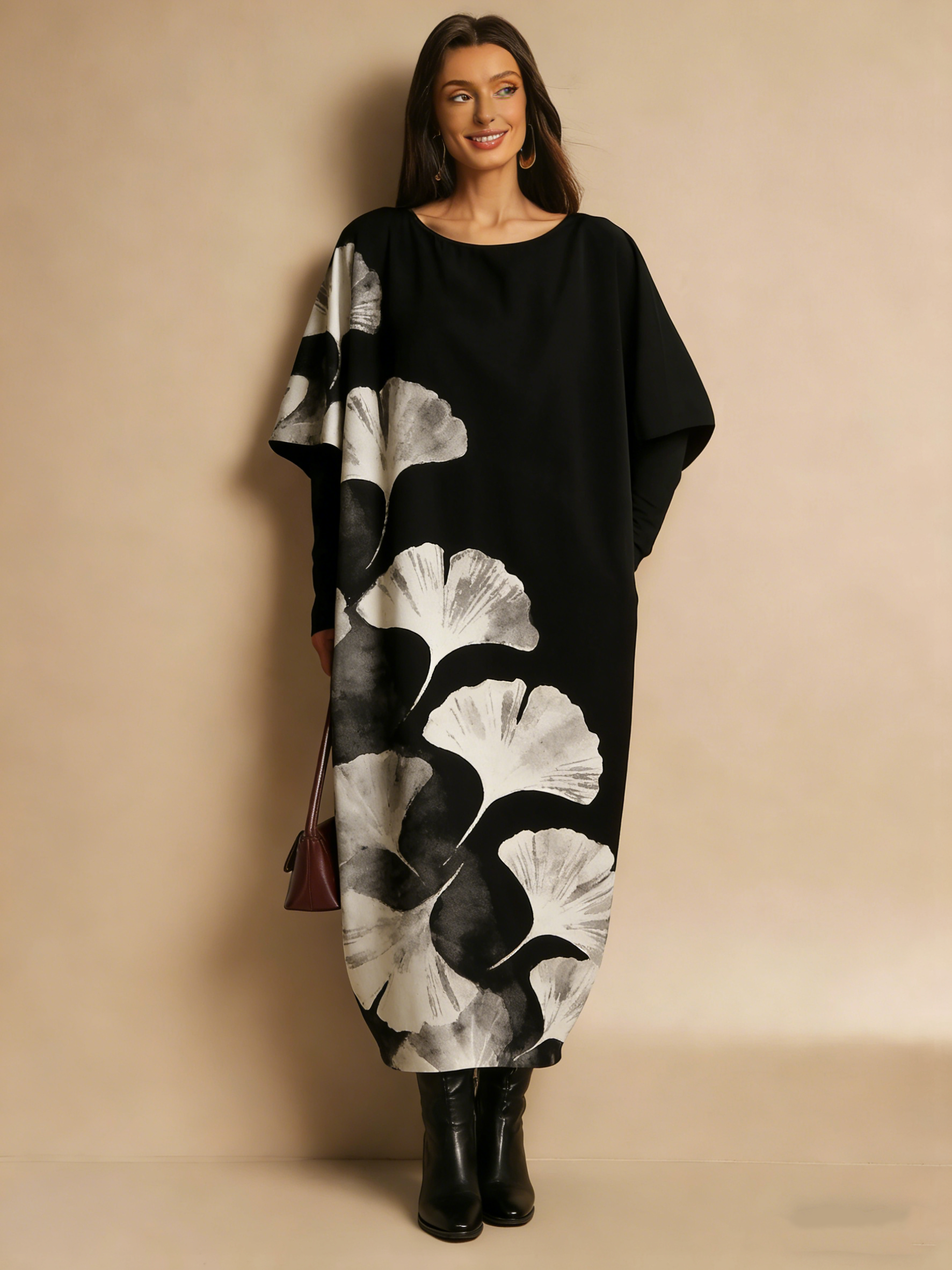 Loose ginkgo leaf printed dress (half sleeve)