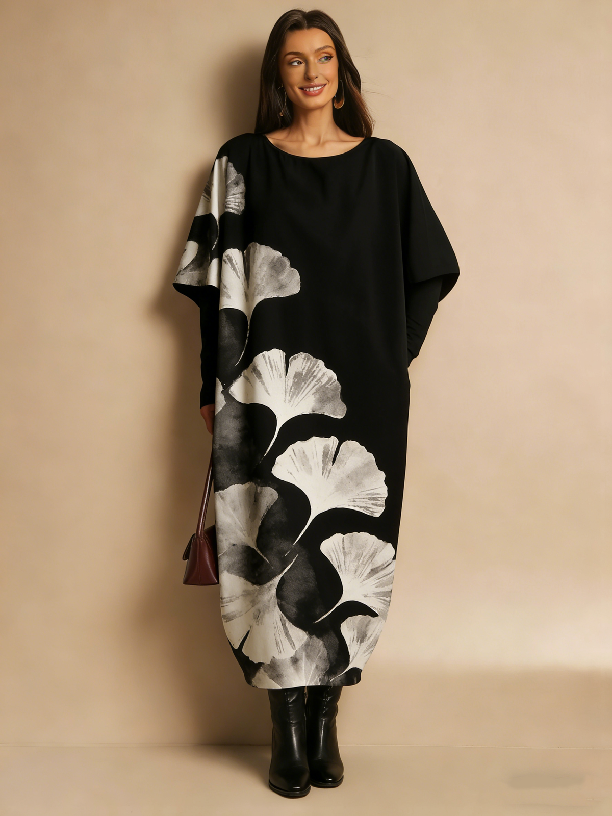 Loose ginkgo leaf printed dress (half sleeve)