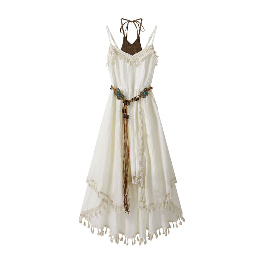 Bohemian fringed double-layer halter dress