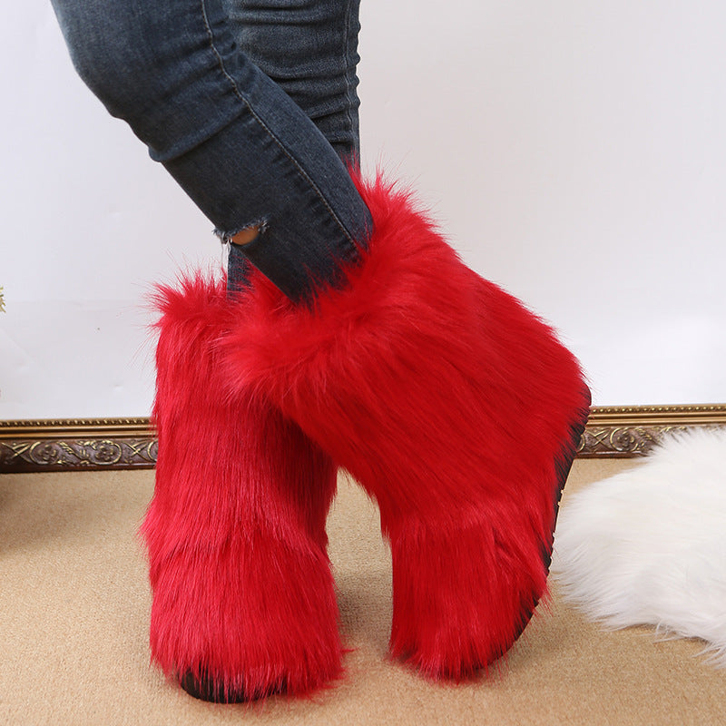Long fox fur mid-calf cotton boots