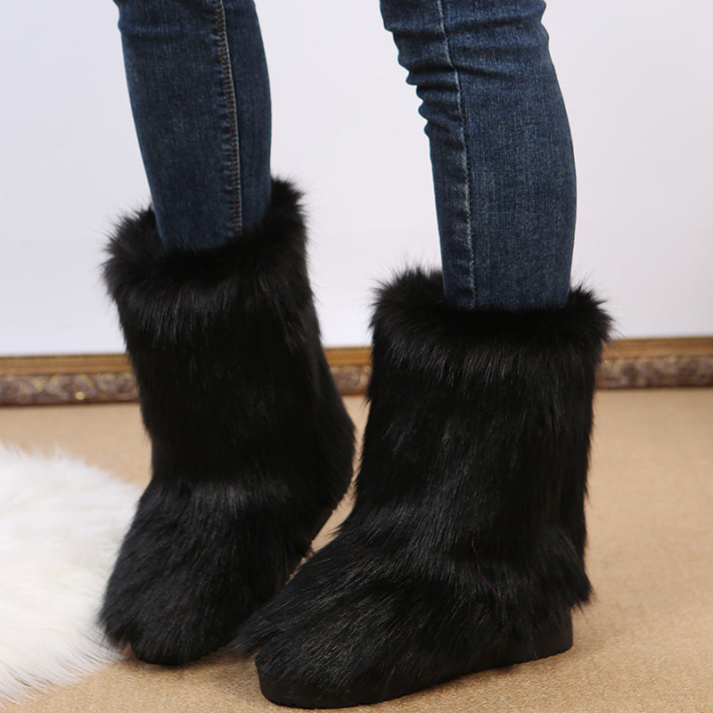 Long fox fur mid-calf cotton boots