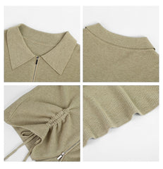 Drawstring lapel knitted long-sleeved top