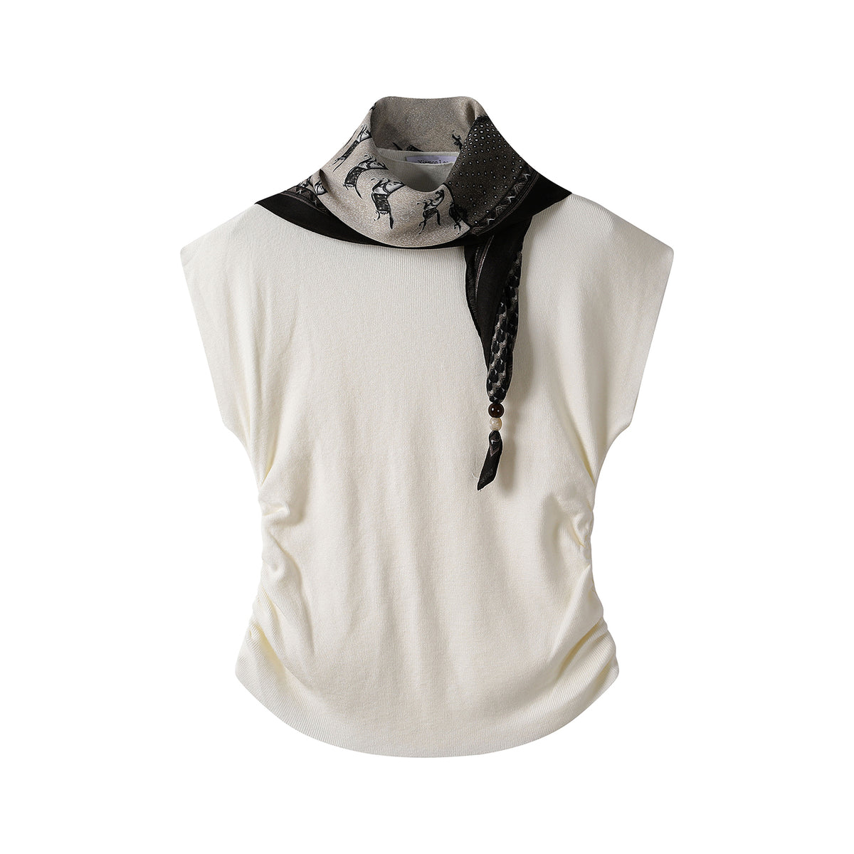 Knitted pleated silk scarf stand-up neck T-shirt (with silk scarf)