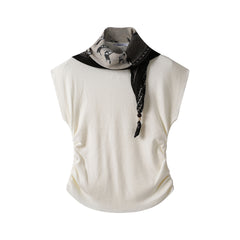 Knitted pleated silk scarf stand-up neck T-shirt (with silk scarf)