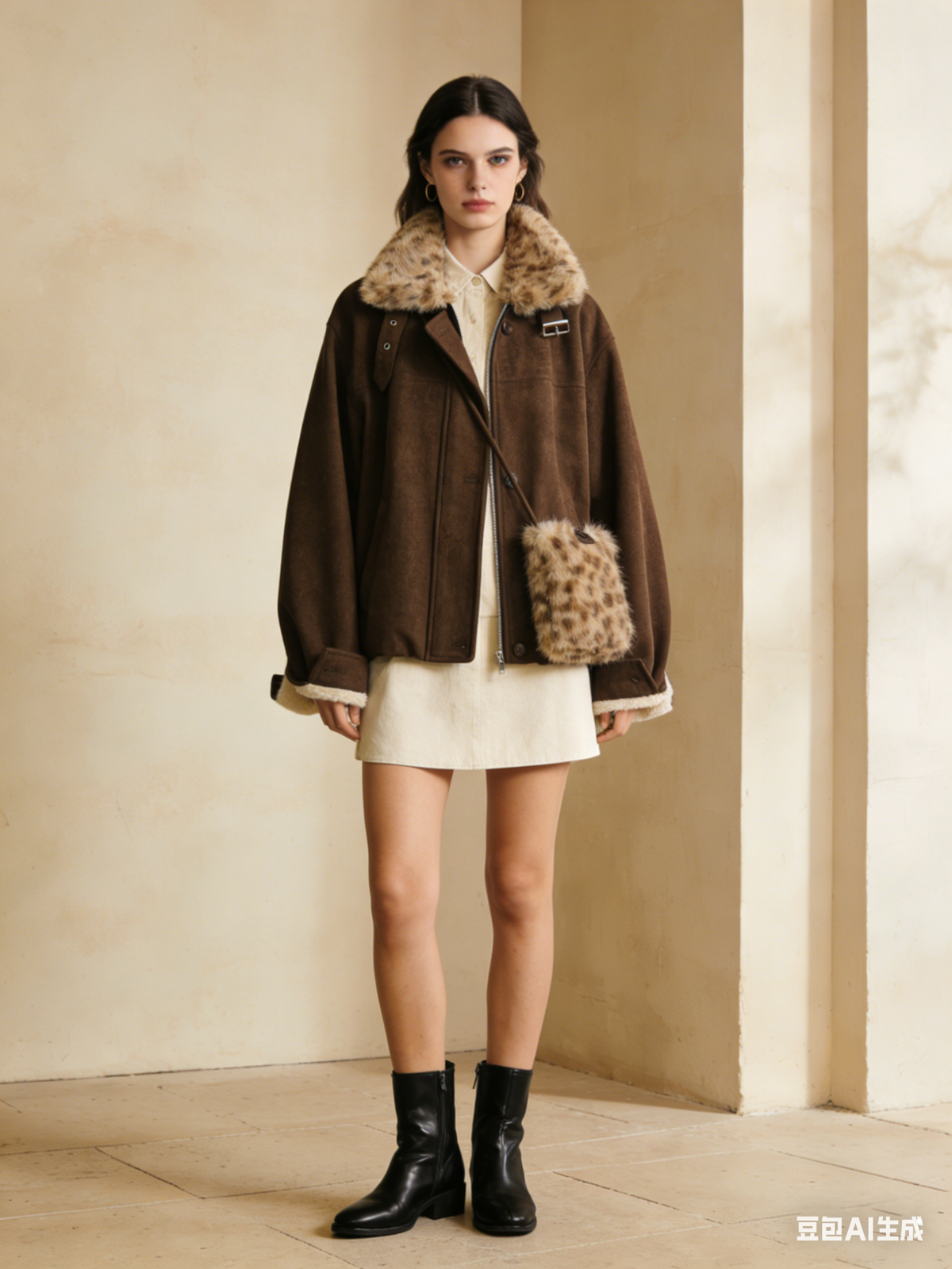 Suede and velvet patchwork fur collar coat (with bag)